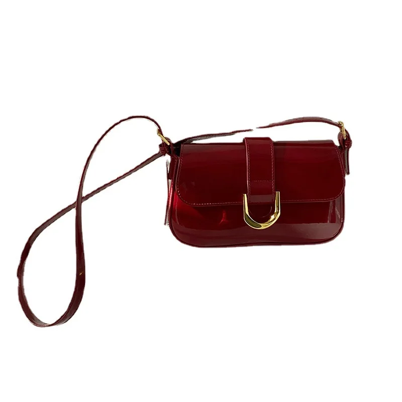 Wine Red hand-held Underarm Bag Women Advanced  Women\'s Retro Fashion Single Shoulder Crossbody Bag Trend Glossy PU Phone Bag