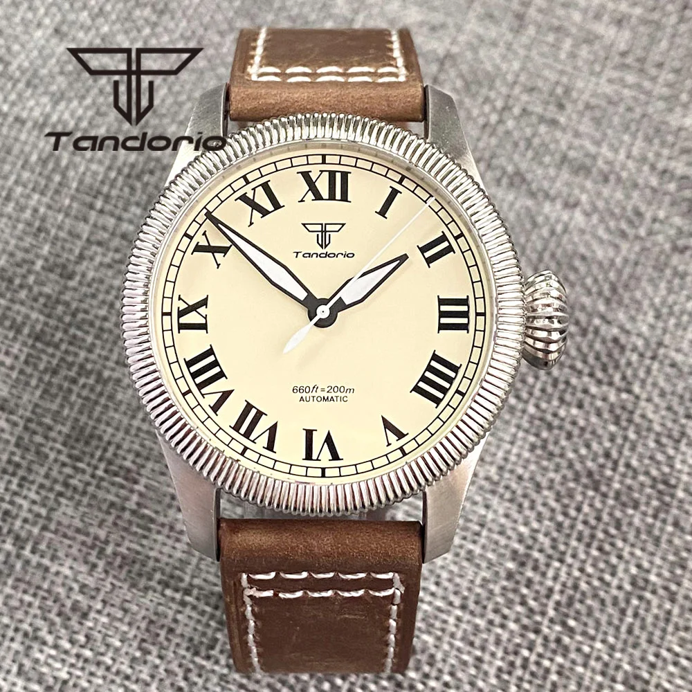 Tandorio Vintage 39mm 20Bar Automatic Pilot Men Watch Roman Marks Fluted Bezel Big Crown NH35 PT5000 Sapphire Leather Luminous