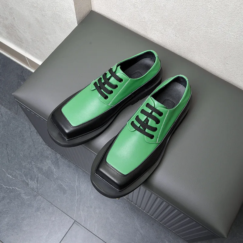 

New Men's Square Toe Thick Soled Leather Shoes Genuine Leather Sponge Cake Shoes Black Green Color Blocked Casual Leather Shoes