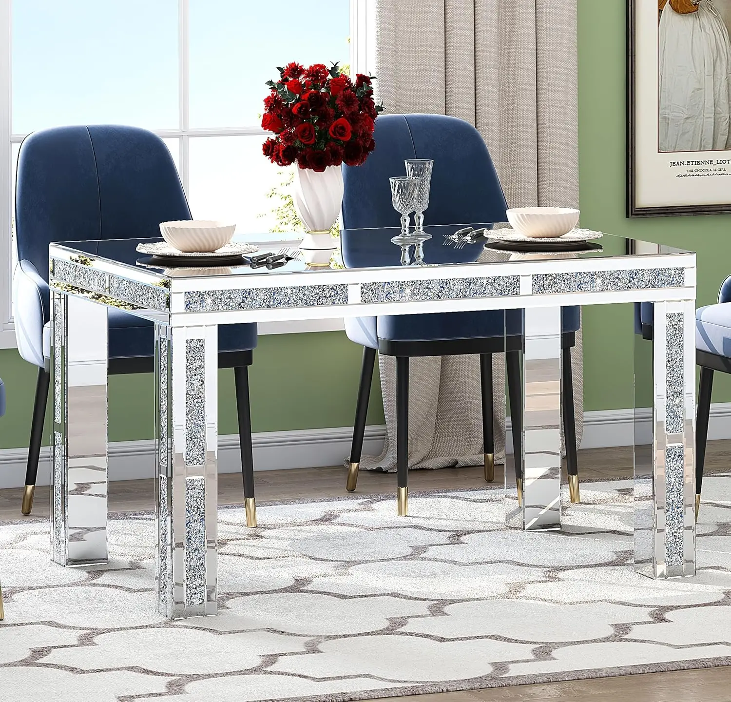 Luxury Mirror Finish W Crushed Diamond Mirrors Console Dining Table Set Elegant Sparkling