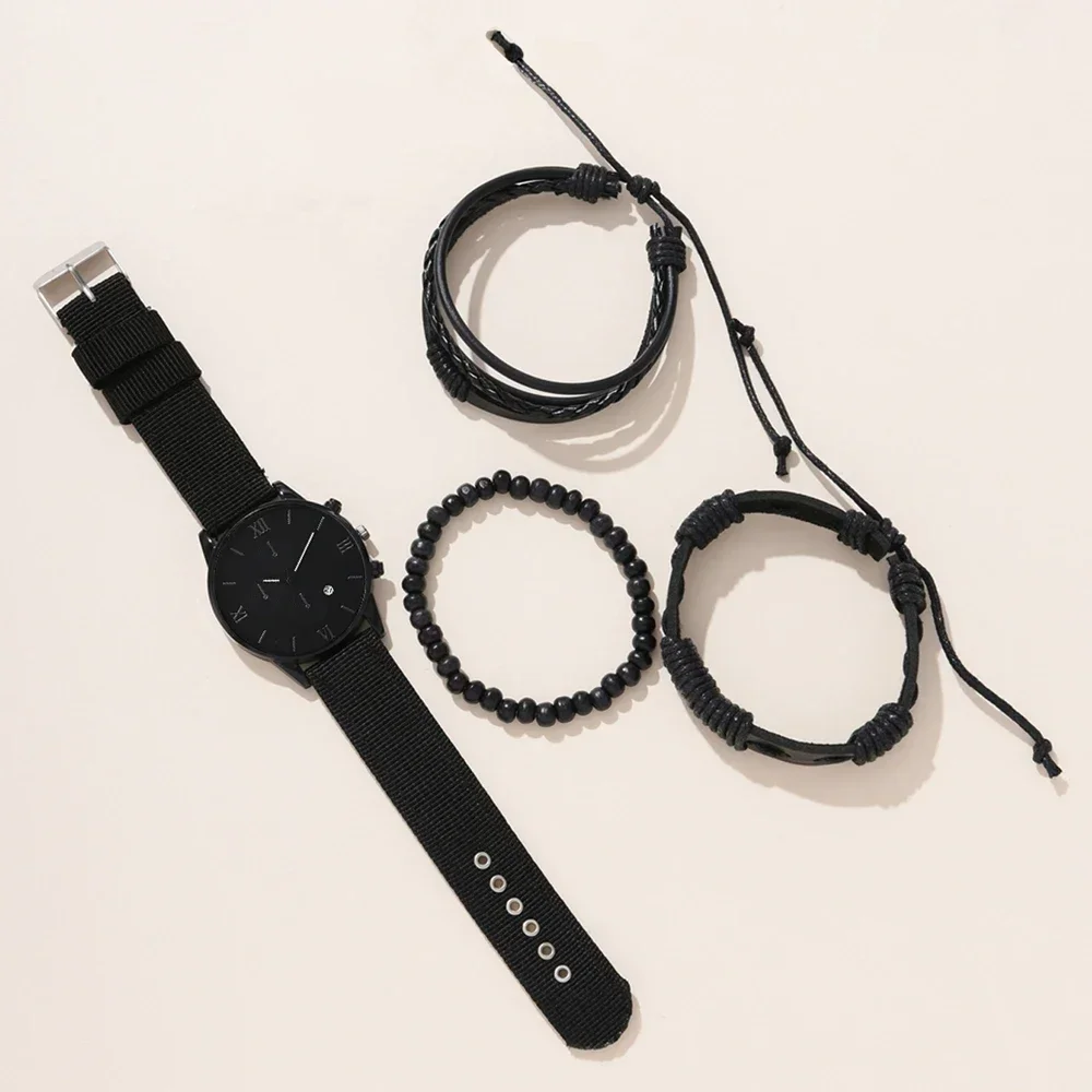 New Men's Watch Luxury Bracelet Set Multi Pieces Fashion Business Black Leather Quartz Watch Gift Box for Men Reno Masculino