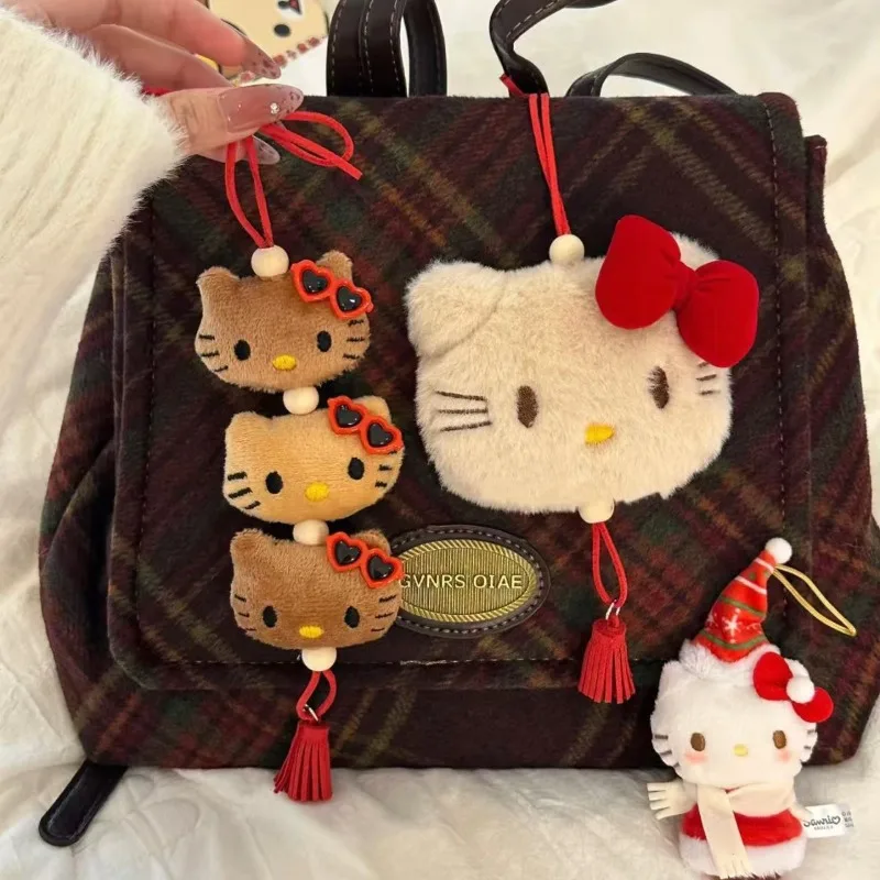 Kawaii Sanrios HelloKittys Plush Keychain Cartoon Bow Cat Doll Backpack Schoolbag Hanging Pendant Decoration Girl Birthday Gift