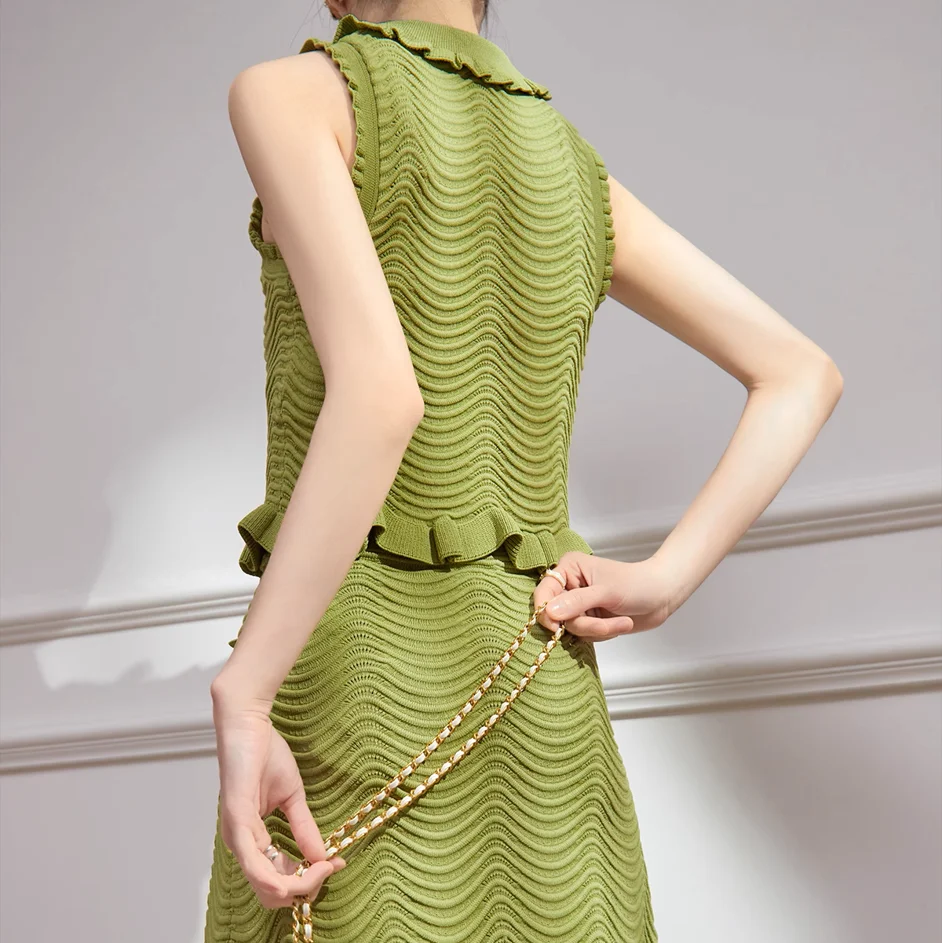 Olive Green Wave Knitted Skirt Set Women 2024 Summer New Sleeveless Top+ Half Skirt Elegant Two-piece Suit