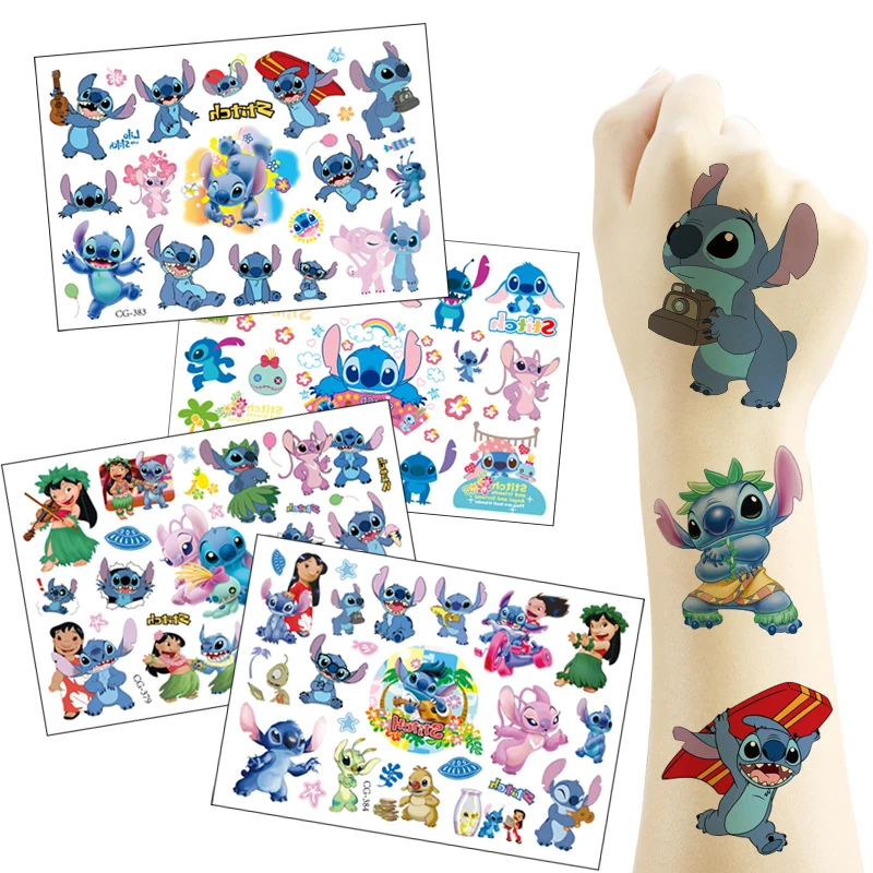 ﻿ 4 pièces Disney Lilo & Stitch beaux autocollants de tatouage autocollants faciles à poser décoration de fête d'anniversaire bébé douche dessin animé enfants jouet cadeau