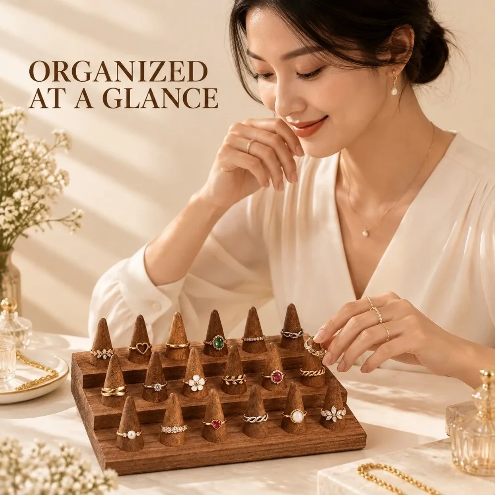 12 /18 Fingers Wooden Finger Ring Display Stand 2/3 Tiers Wooden Jewelry Ring Display Holder Storage Rack Cone Shape