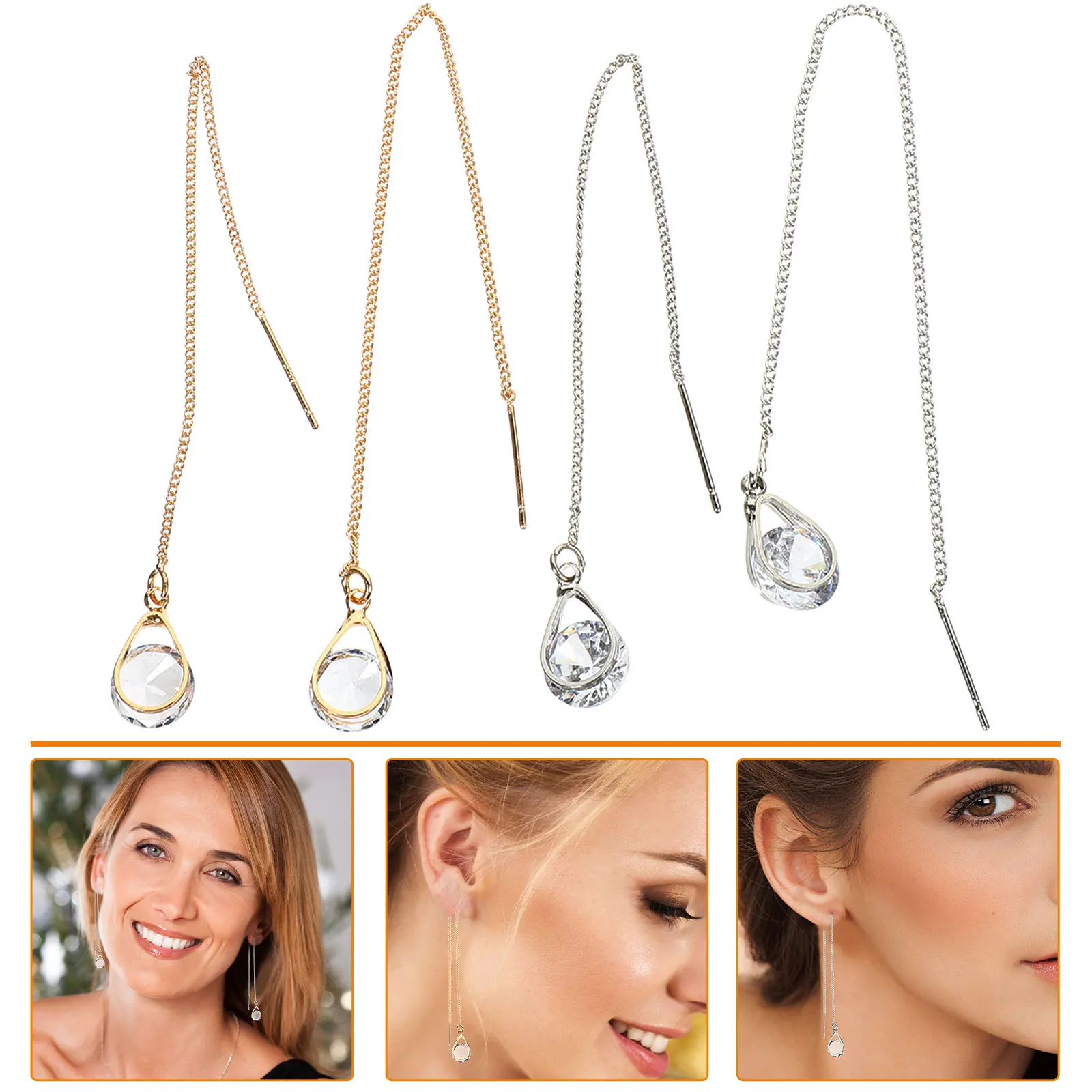 2Pairs Water Drop Tassel Earrings for Women Threader Design Silver Tone Long Dangle Earrings Aesthetic Gift for Birthday