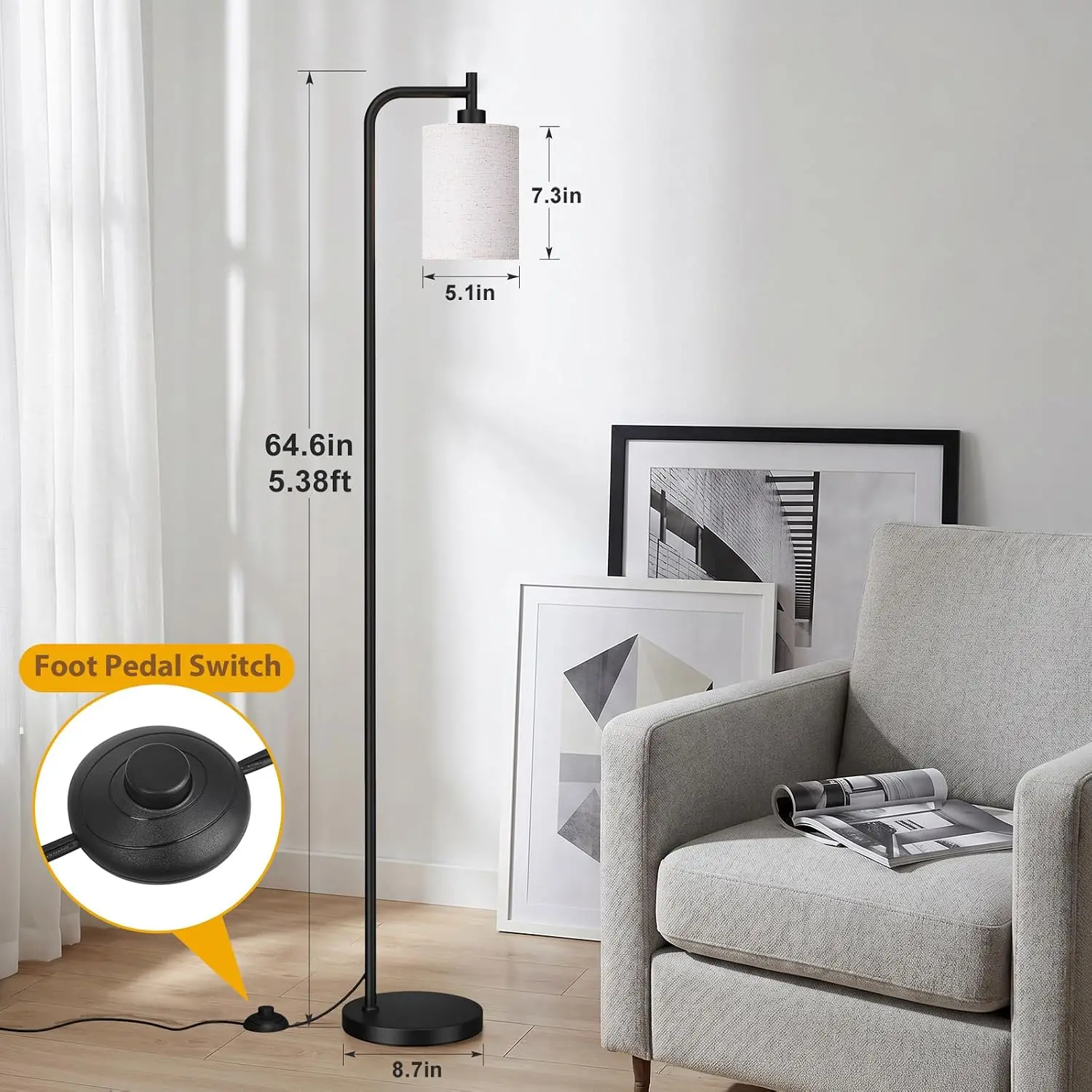 64‑Inch Dimmable Tall Standing Floor Lamp, Beige Shade & Black Pole, Remote‑Control & Foot‑Pedal Switch, 9W LED Bulb Included, Corner Lamp for Living‑Room, Bedroom & Office