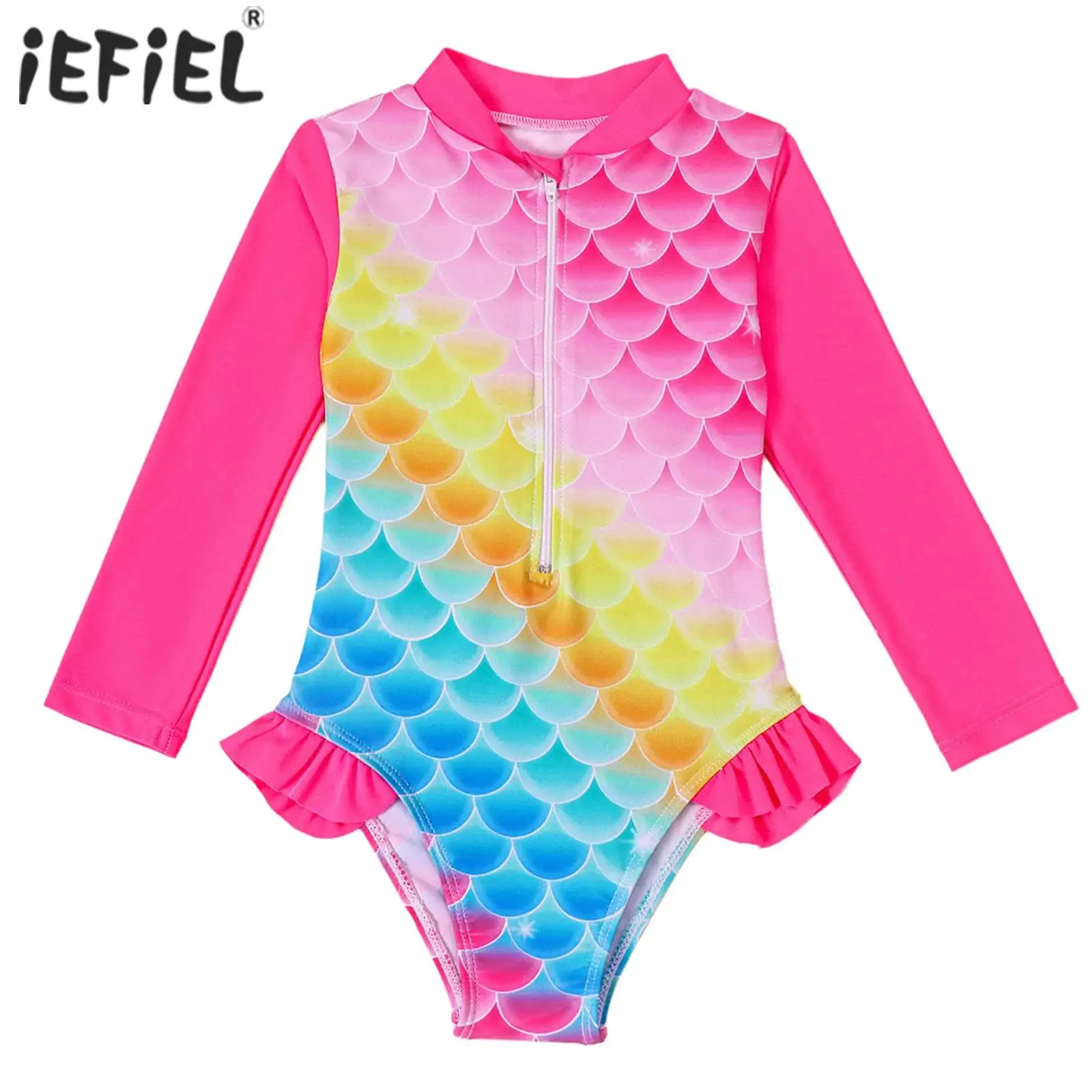 

Kids Girls Summer One Piece Swimsuits Long Sleeve Rash Guard Scale Printed Tie Dye Sun Protection Bathing Suit with Front Zipper