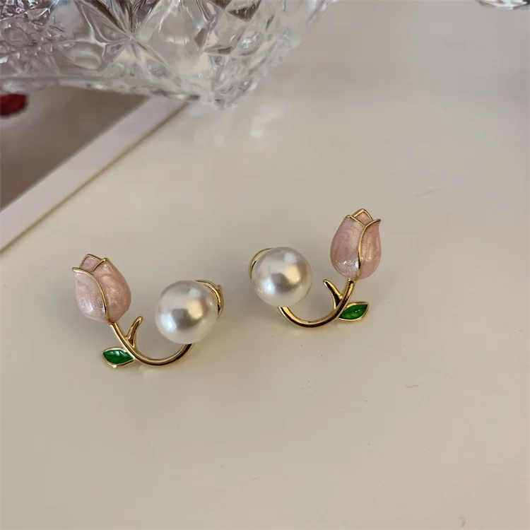 Sweet Fashion Enamel Pearl Tulip Flower Stud Earrings For Women Korean Temperament Zircon Back Hanging Earring Wedding Jewelry