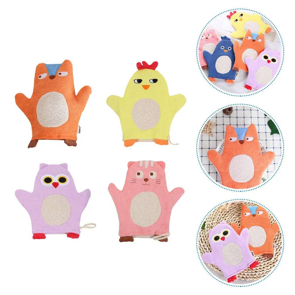 

4Pcs Kids Bathing Gloves Adorable Animal Design Supple Cotton Bath Gloves for Toddlers Stimulate Circulation Travel Friendly