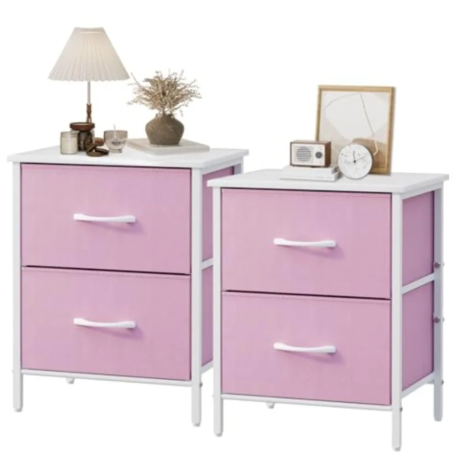

Nightstand Set of 2, Dresser with 2 Drawers, Steel Frame Bedside Furniture, Wood Top Fabric Night Stand, Colorful End Table for