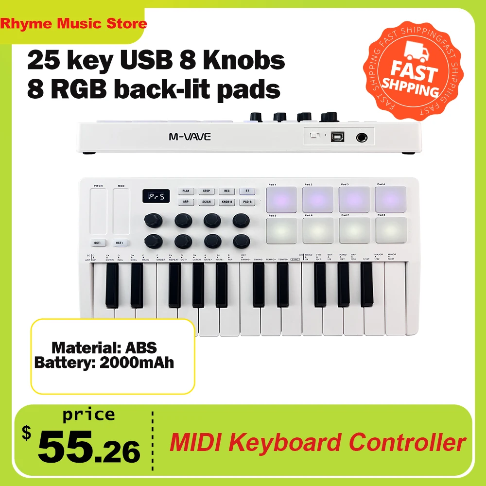 

Портативная MIDI-клавиатура M-VAVE, 25 клавиш, USB MIDI-контроллер с 8 барабанными колодками с подсветкой, 8 кнопок, 8 музыкальных инструментов RGB