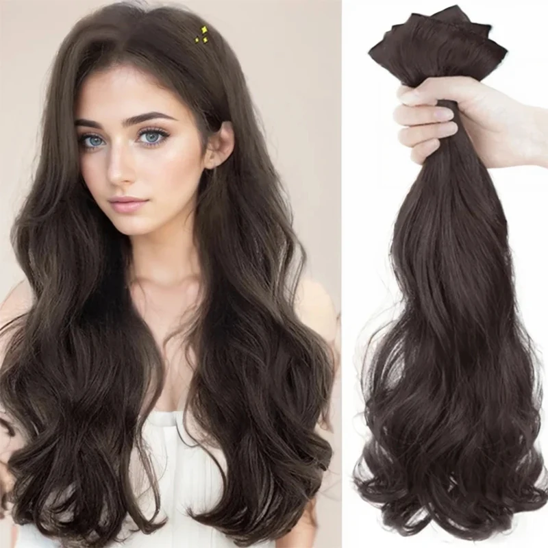 20Inch 24Inch Dark brown Synthetic Hairpiece Clip In Hair Extensions 3 Pieces Set Invisible Water Wave Curly Hair For Women Wig