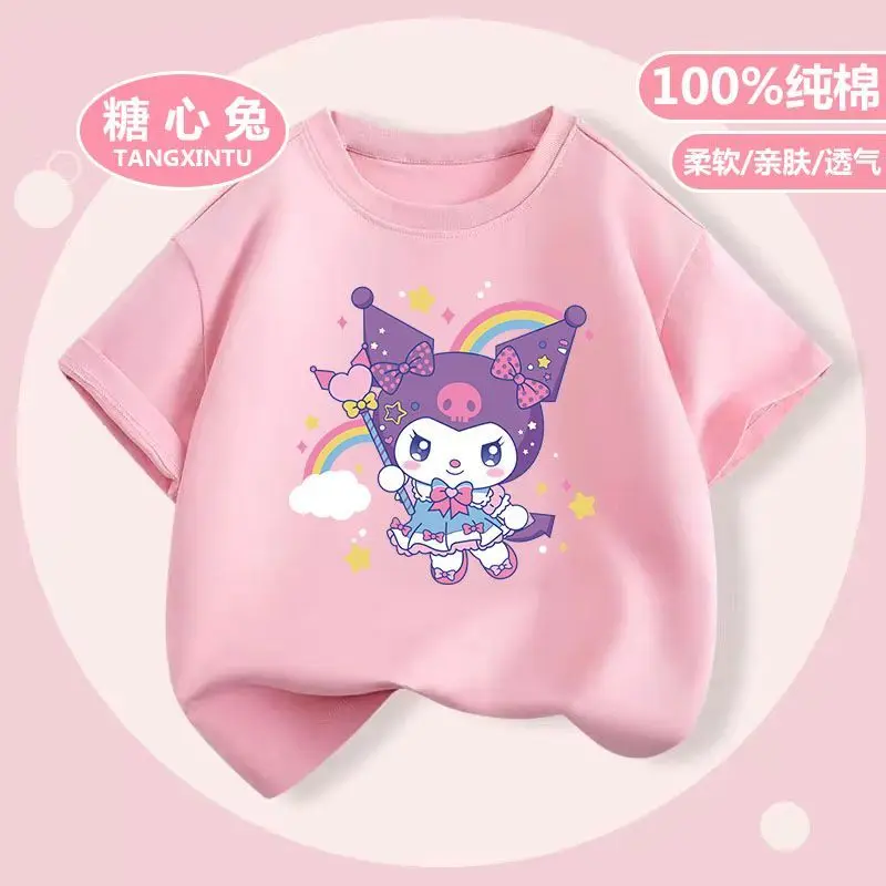 

Sanrio Kuromi футболка с короткими рукавами для девочек, летняя милая и милая детская куртка из чистого хлопка с героями мультфильмов, детская одежда, универсальная