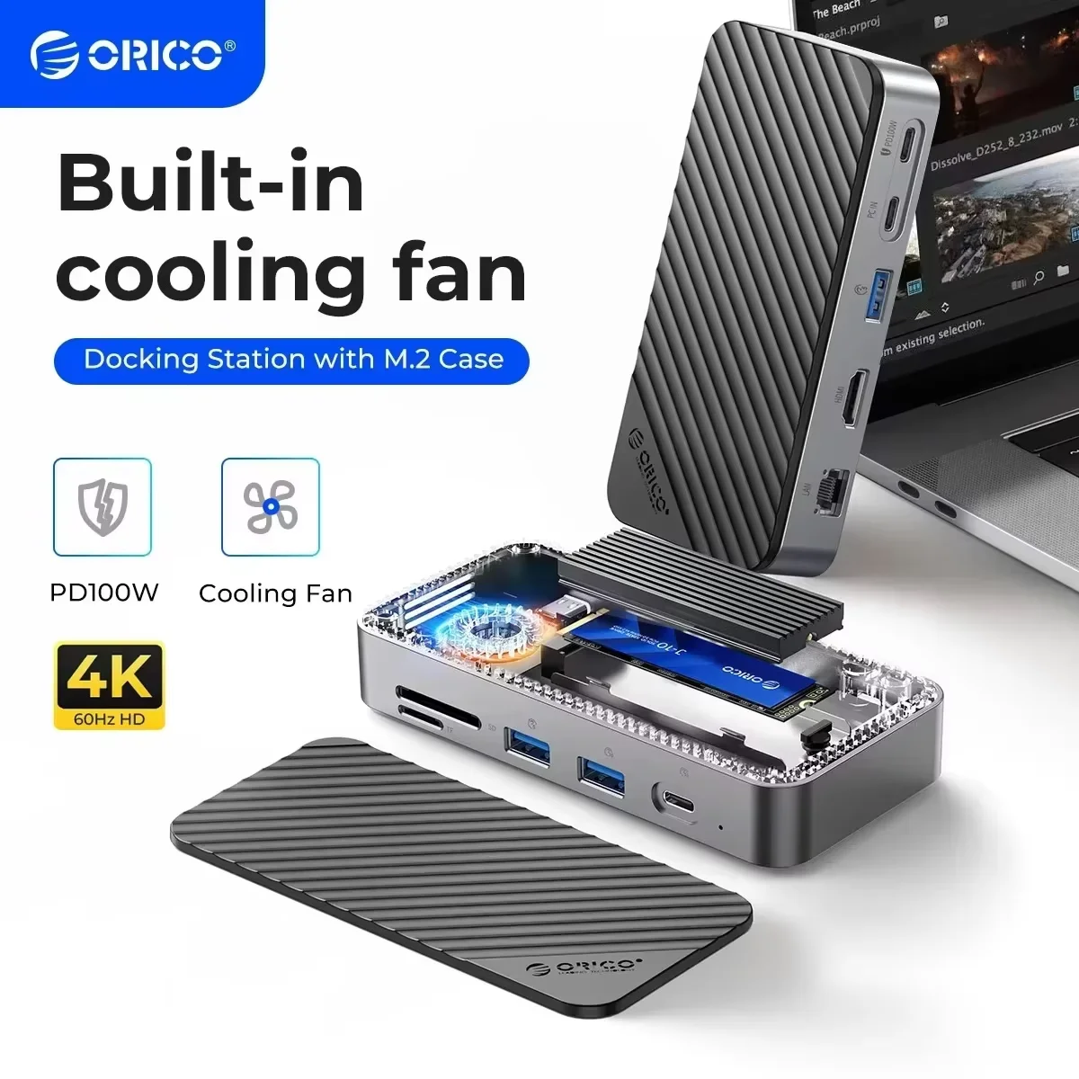 ORICO Type C HUB with Cooling Fan M.2 NVMe SATA SSD Enclosure External 10Gbps 4K 60Hz HDMI-Com RJ45 SD/TF USB Docking Station