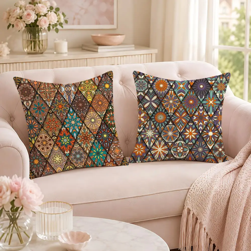 Floral and Mandala Elements Cushion Cover Soft Short Plush Pillow Case Double Sided Print Washable Sofa Home Decor Gift