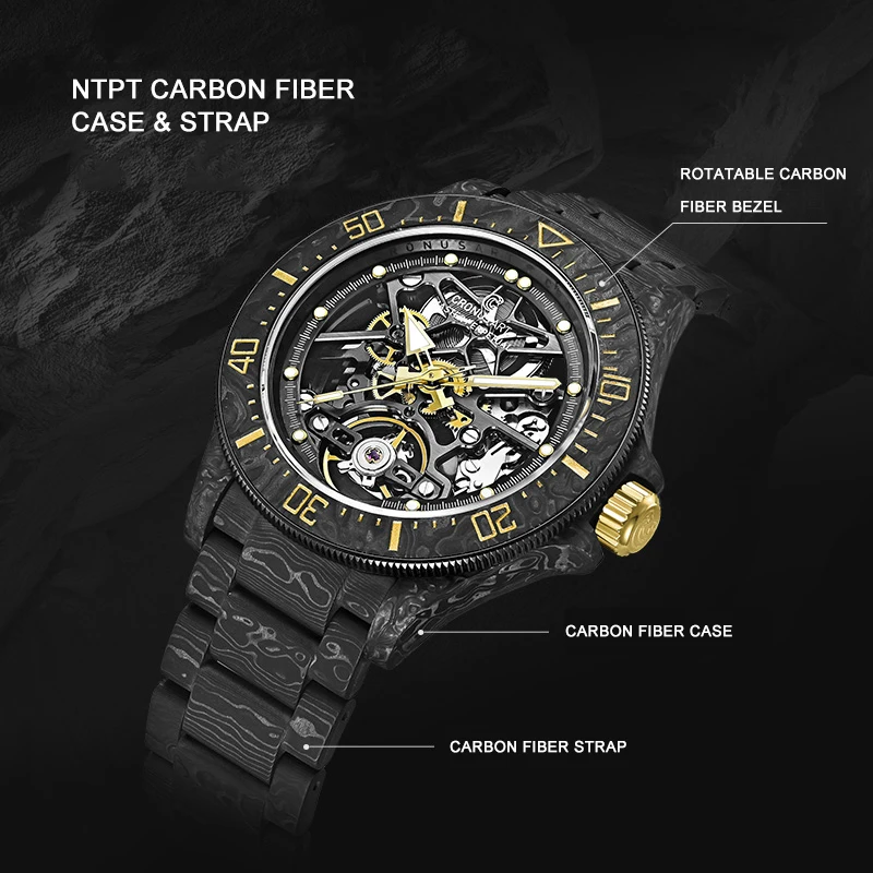 CRONUSART Мужские автоматические часы 42 мм Механические наручные часы Корпус и ремешок из углеродного волокна Светящийся сапфировый вращающийся безель из углеродного волокна