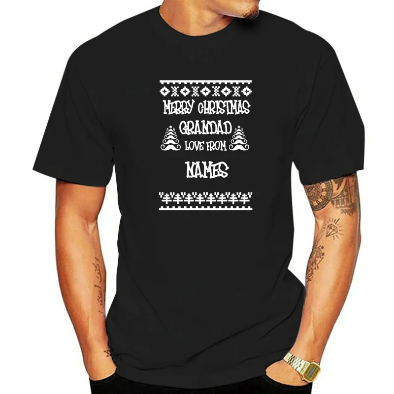 Mens Xmas T shirt Merry Christmas Grandad Love From Personalise with Name