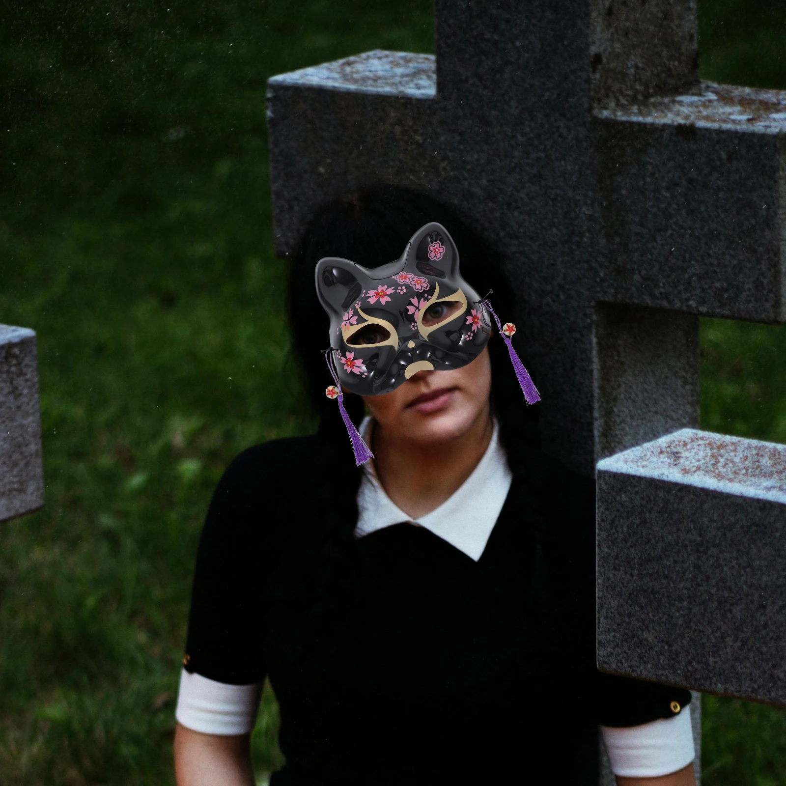 2 قطعة أزهار الكرز القط قناع اليابانية على غرار حفلة تنكرية قطعة الوجه لجميع القديسين تأثيري اكسسوارات الحفلات فستان أغطية الرأس #1