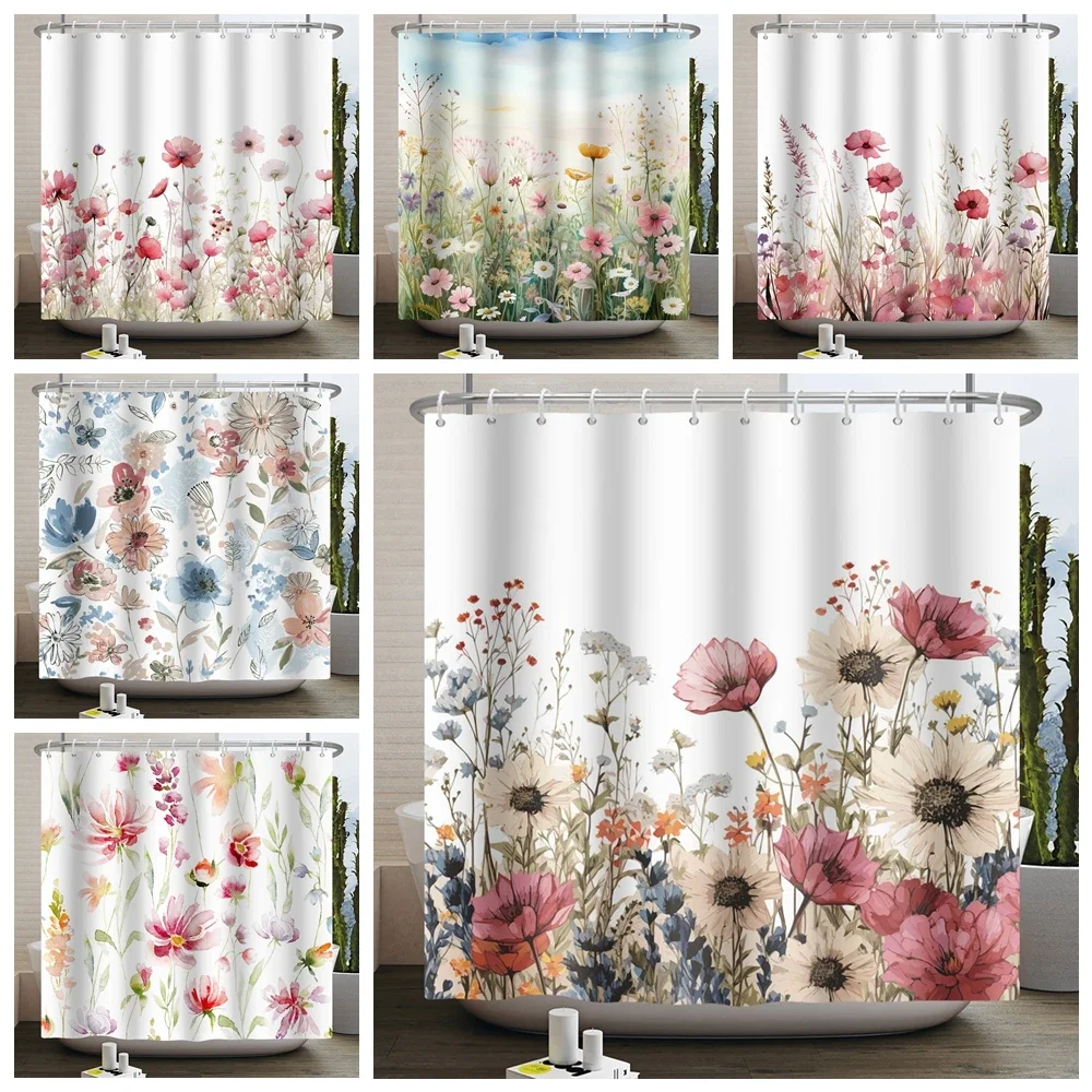 Watercolor Floral Shower Curtain for Bathroom Spring Elegant Flower Printed Bath Curtain Botanical Wildflower Bathroom Decor