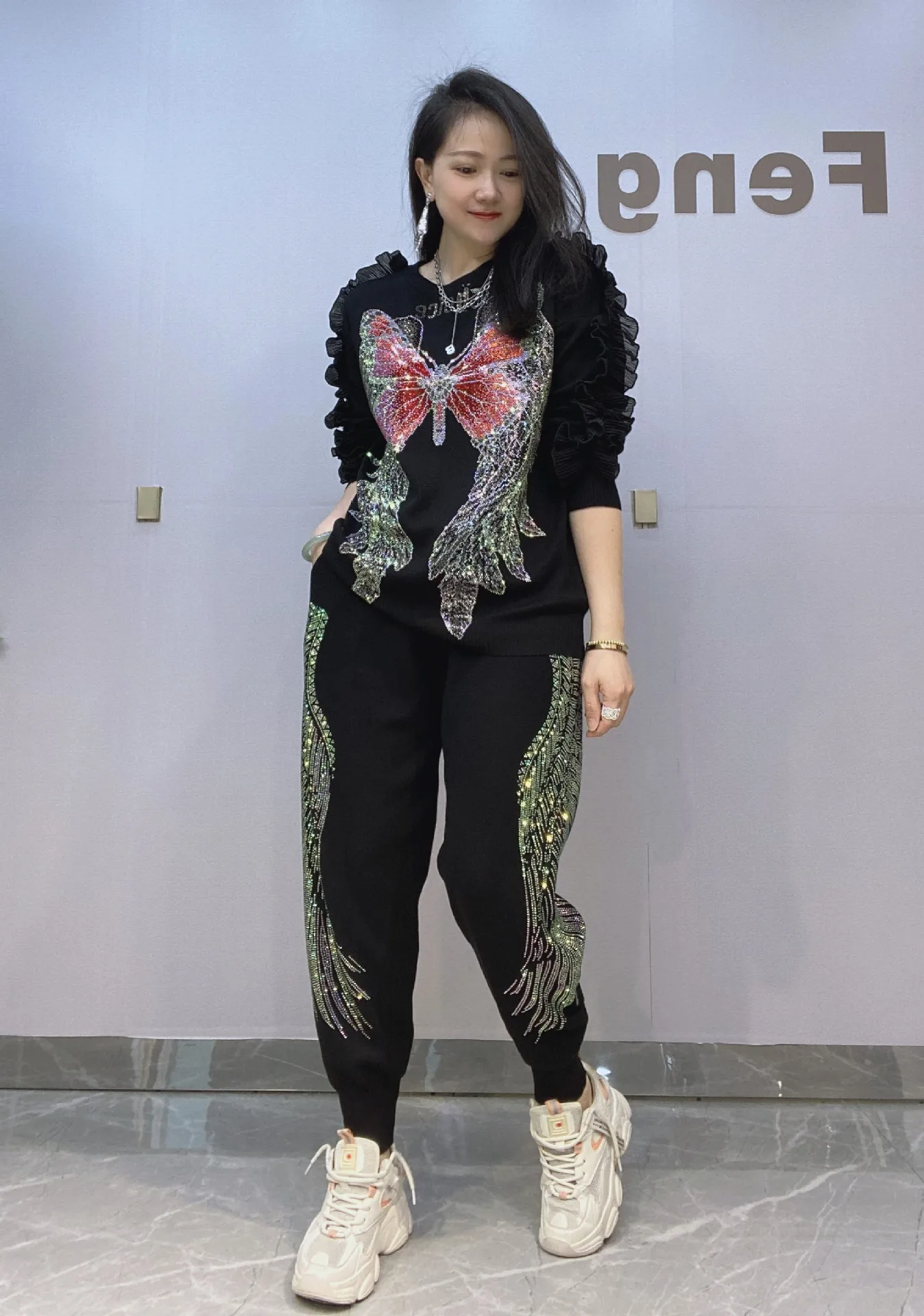 Ruffles Sequins Butterfly Knitted Pant Sets Tracksuit Women 2 Pieces Casual Pullover Knitshirt Outfits Vestidos Bust 118cm