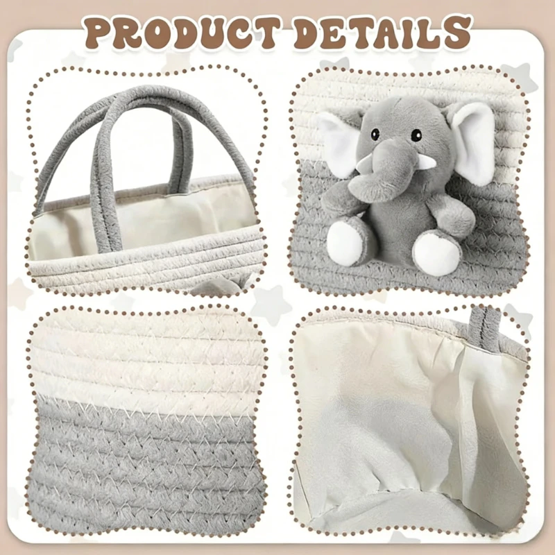 Portable Diaper Bags Caddy Organizer  Large Capacity Cotton Rope Storage Basket with Handle for Travel Baby Changing Station Bag