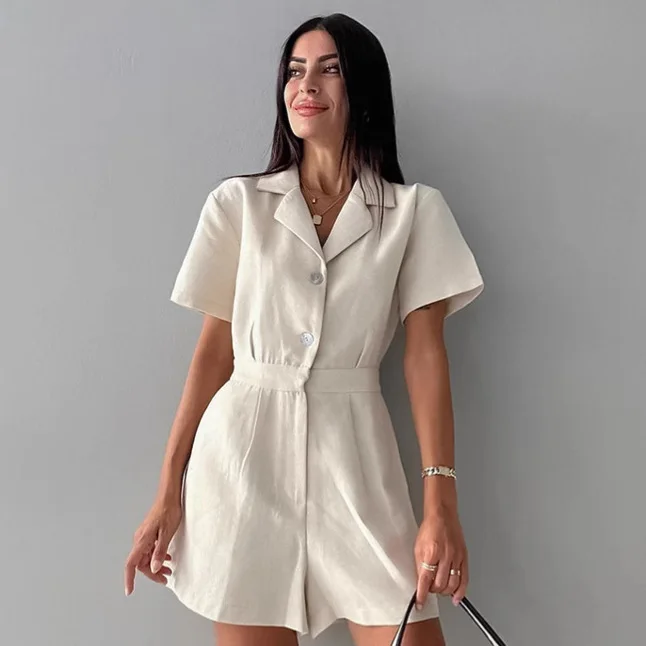 

Spring New Women's High Waist Cotton Linen Casual Suit Collar Jumpsuit Fashionable Commute Style City Walk Dress