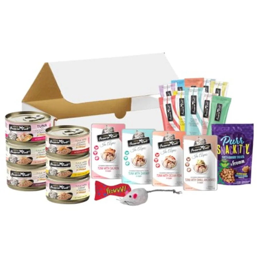 Caja de Regalo para Amantes de los Mariscos, Comida para Gatos, 6 Latas de Atún y Aspic Fussie-Cat, 4 Bolsas de Aspic, 10 Tubos de Puré Gourmet, Golosina de Salmón para Gatos