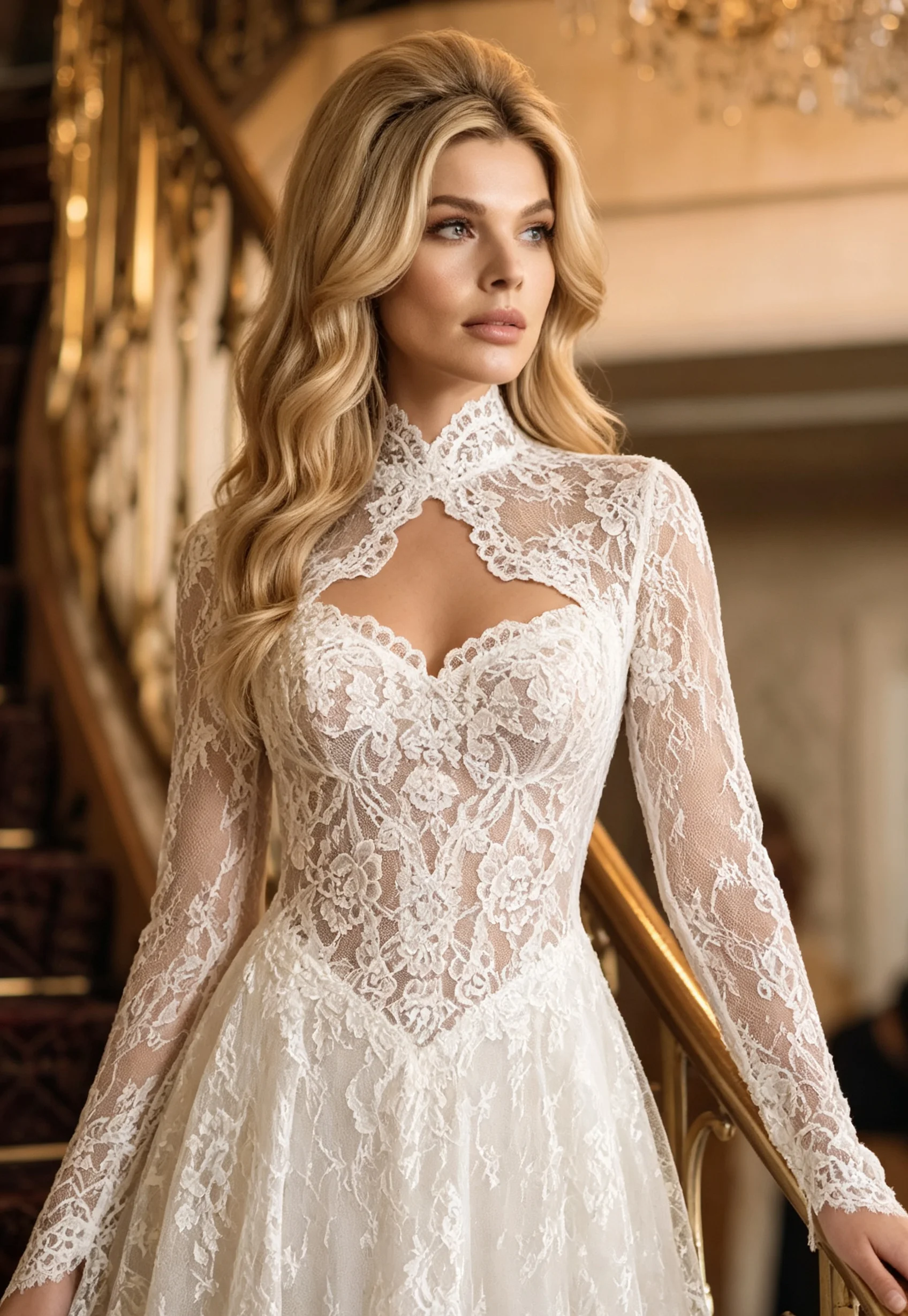 Luxury Ivory Sheer Lace High-Neck Bridal Bolero with Cutout Detail and Pearl Button Back Women Wedding Capelet Customized J26937