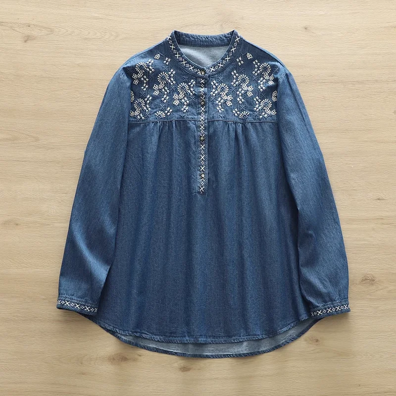 2025 Ethnic denim shirts long sleeve blouses for women autumn Mexican style boho blue embroidery jean shirts