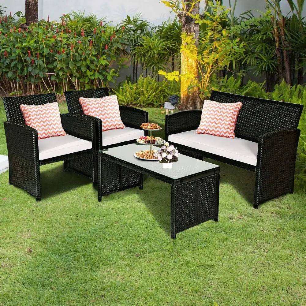 White Outdoor Wicker Sofa Set with 4 Seats and Tempered Glass Table for Patio Conversation Area