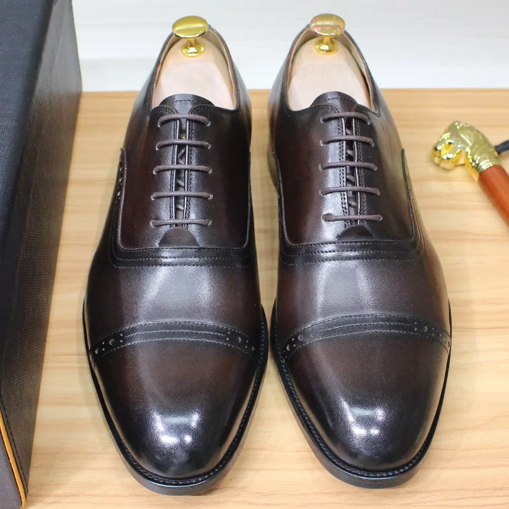 Men's Genuine Leather Oxfords Handmade Cap Toe Dress Shoes Lace-Up Formal Wedding Shoes Business Office Male Footwear