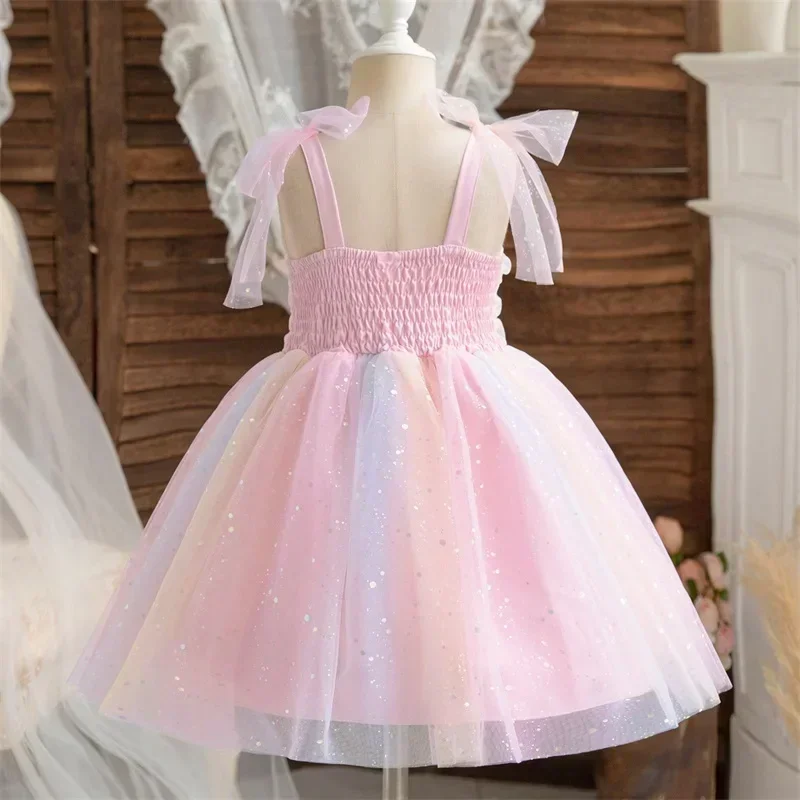 Toddler Baby Girl Dress Sleeveless Sequin Tulle Tutu Dress Vestidos 1-5Y Kids Rainbow Mesh Birthday Party Princess Wedding Dress