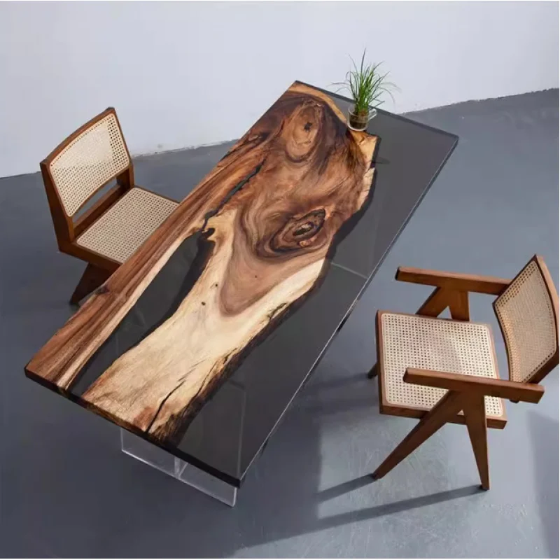custom.Luxury Elegant Handmade Solid Wood Modern Design Black Epoxy Resin River Dining Table Set