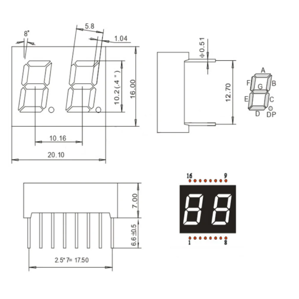 10st 4021bh 4021bb 4021bg 4021bw 0.4 Inch Gemeenschappelijke Anode Twee Cijferige Zeven Segment Led Display Buis 16pin Rood Blauw Groen Wit