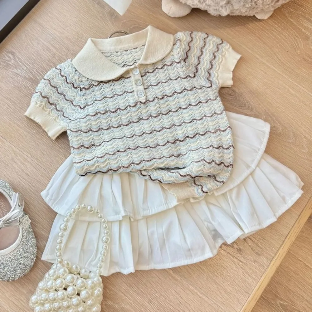 

Summer New Korean Version Collar Short Sleeved Knitted T-shirt + Pleated Skirt Two-piece Set Plain Sweet Girls Clothes