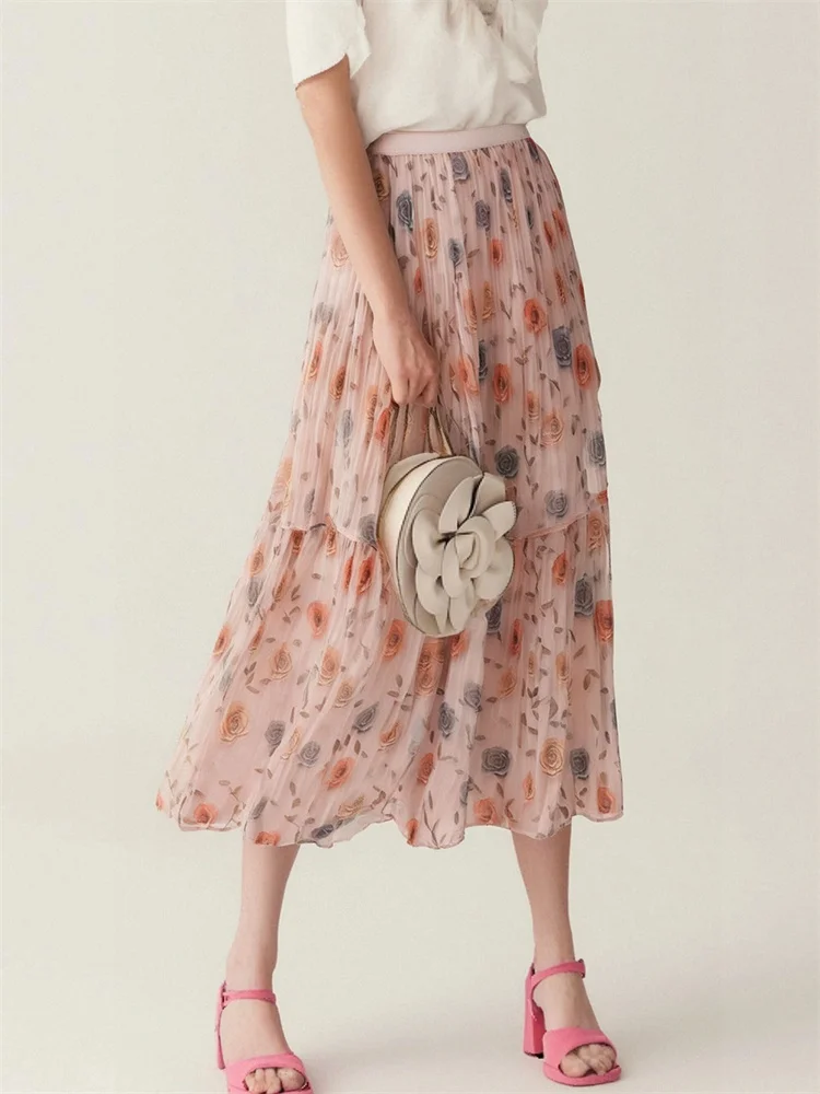 

Двойная весенне-летняя сетчатая юбка с принтом роз для женщин, модная ретро винтажная длинная плиссированная юбка с высокой эластичной резинкой на талии