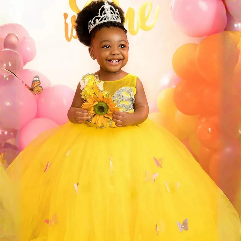 Light Yellow Flower Girl Dresses Customized Little Kids Ball Gown Jewel Appliqued Tulle Tiered Girls First Birthday Party Dress