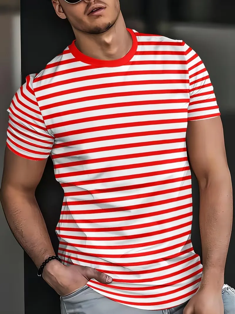 T-Shirt for Men Classic Rainbow Stripes Print Casual T-Shirts Summer Fashion Harajuku Oversized Short Sleeve O-Neck Men Clothing