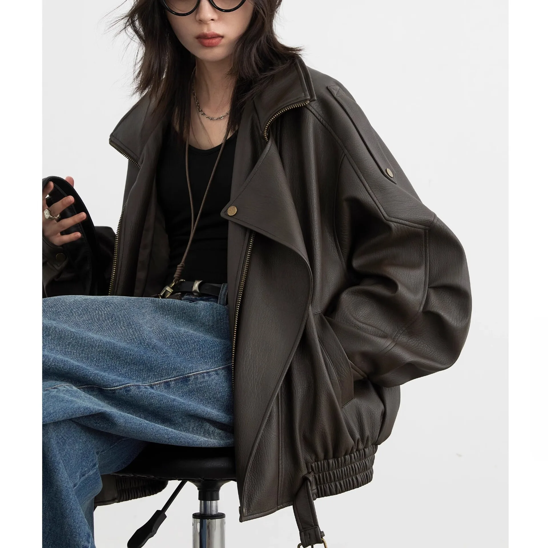 

Unsiex Leather Jacket 2025 Autumn New Retro Motorcycle Jacket Unisex Stand Collar Moto PU Leather Women's Biker Outerwear