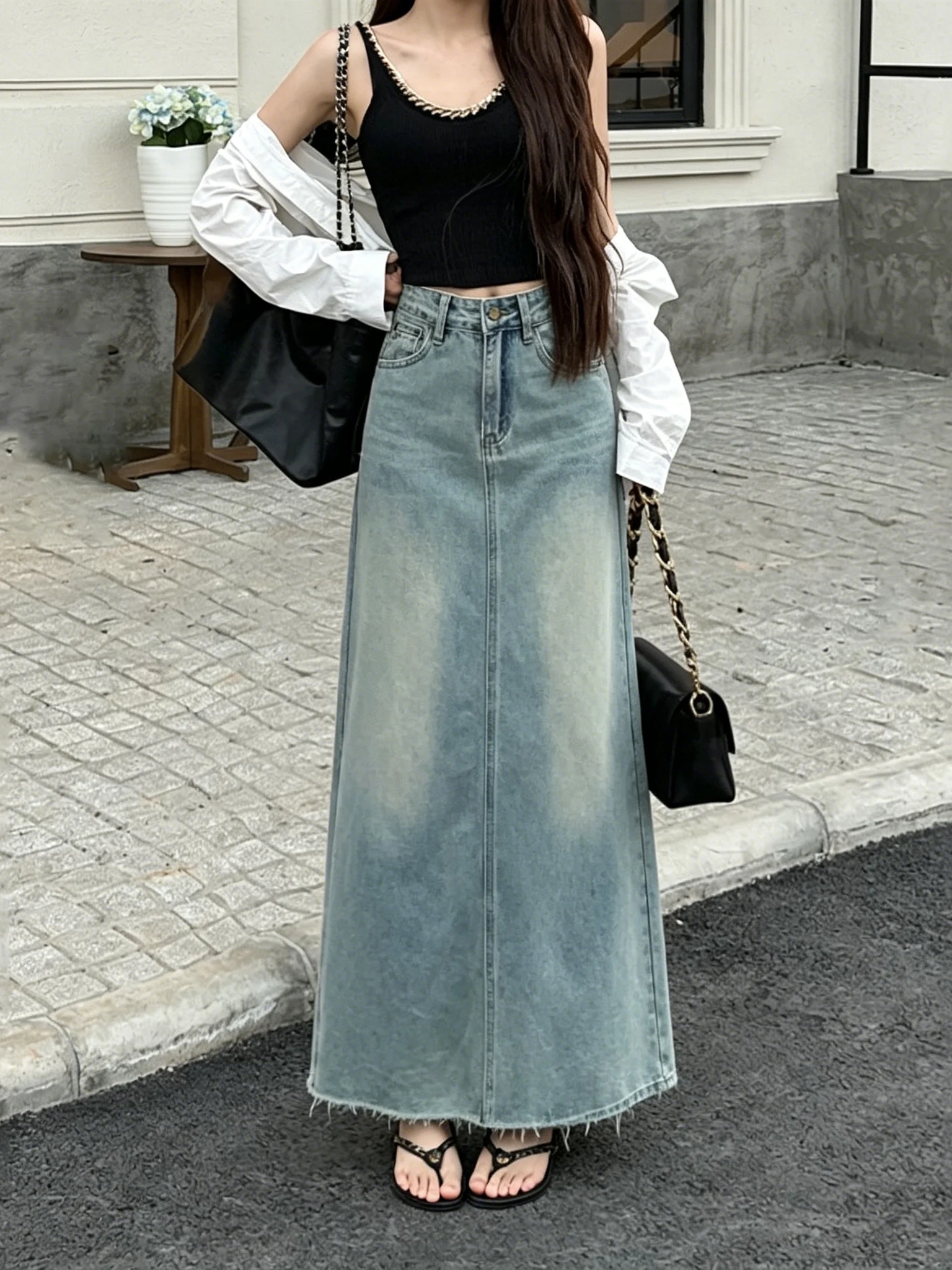 Light Blue Frayed Hem Denim Skirt Women's High Waist A-Line Midi Skirt Summer New Style Elegant Versatile Ladies Skirts