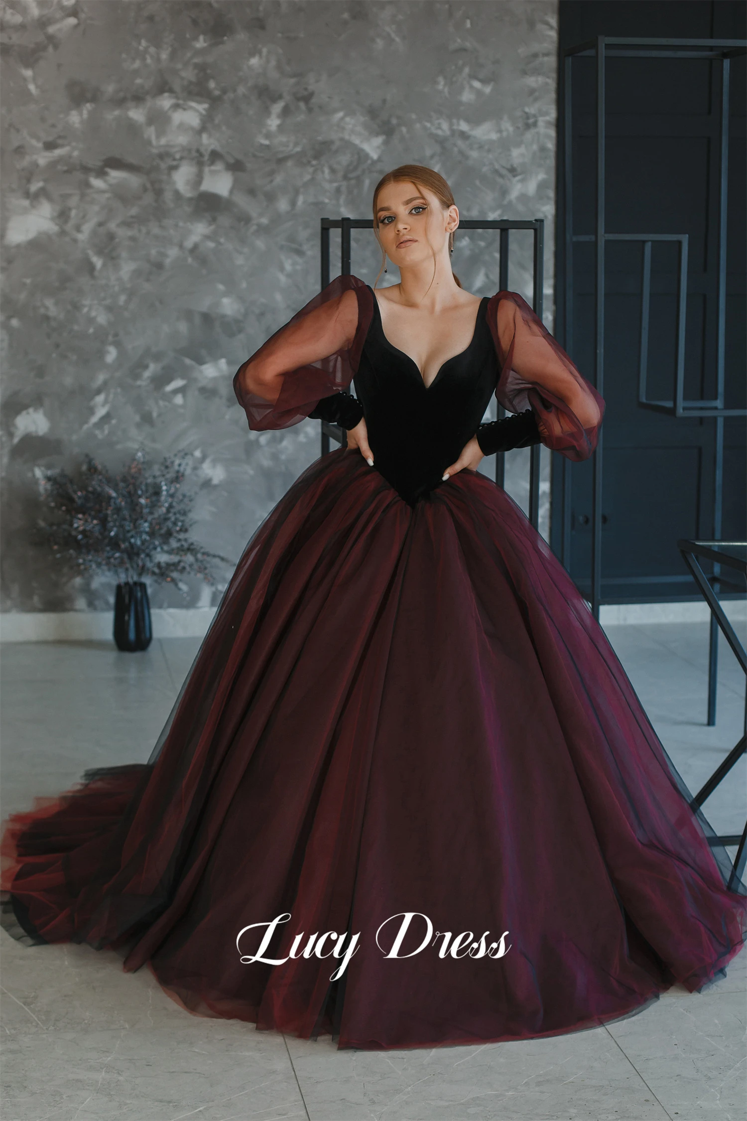 Lucy Gothic Wedding Dress Mesh Deep Red Fluffy Evening Gown Gala Dresses Woman Elegant Pretty Women's Sharon Happy 2024 Prom