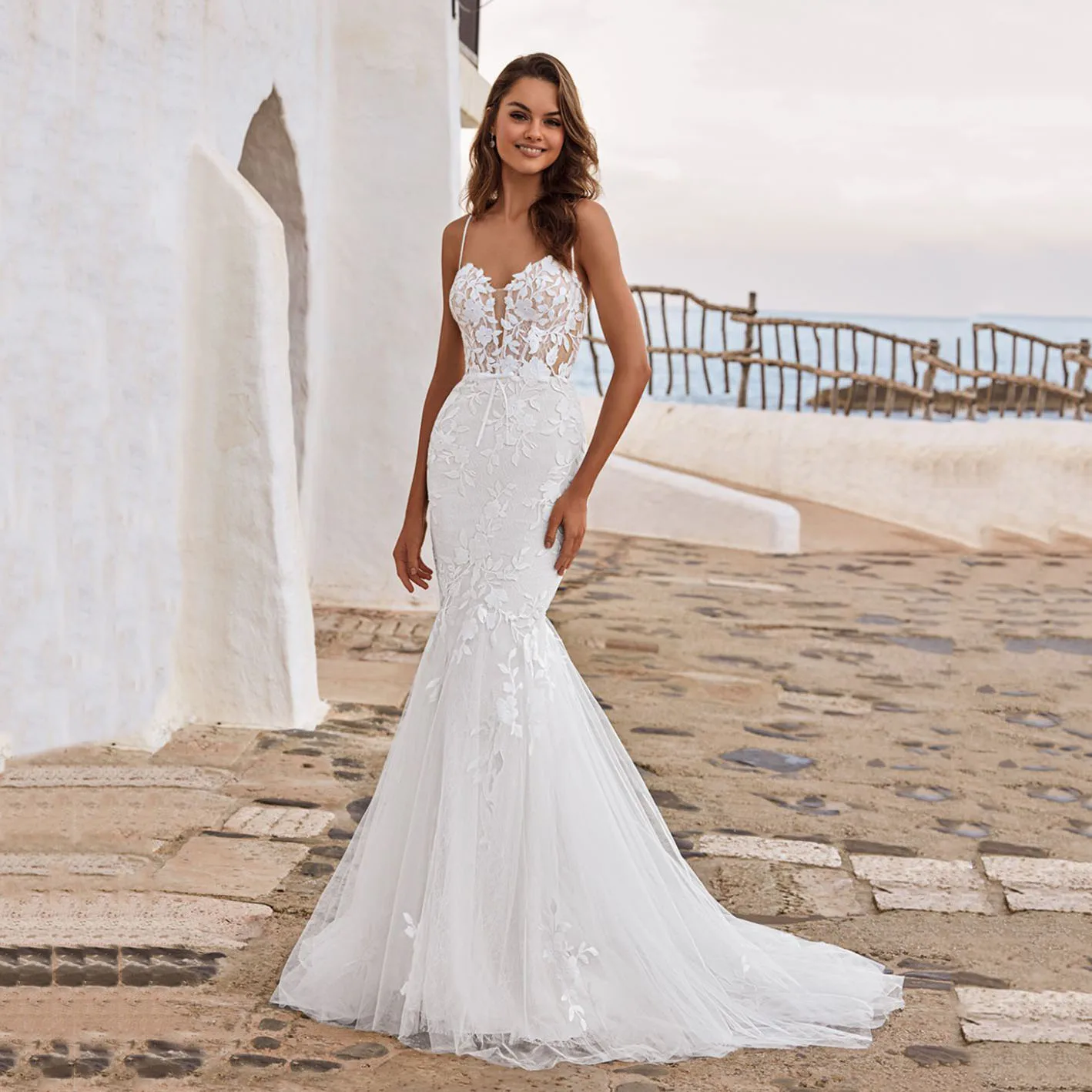 فاخر بوهو حورية البحر فستان الزفاف المرأة مخصصة السباغيتي الأشرطة مثير عارية الذراعين المرأة زين الدانتيل سويب تراين فستان زفاف
