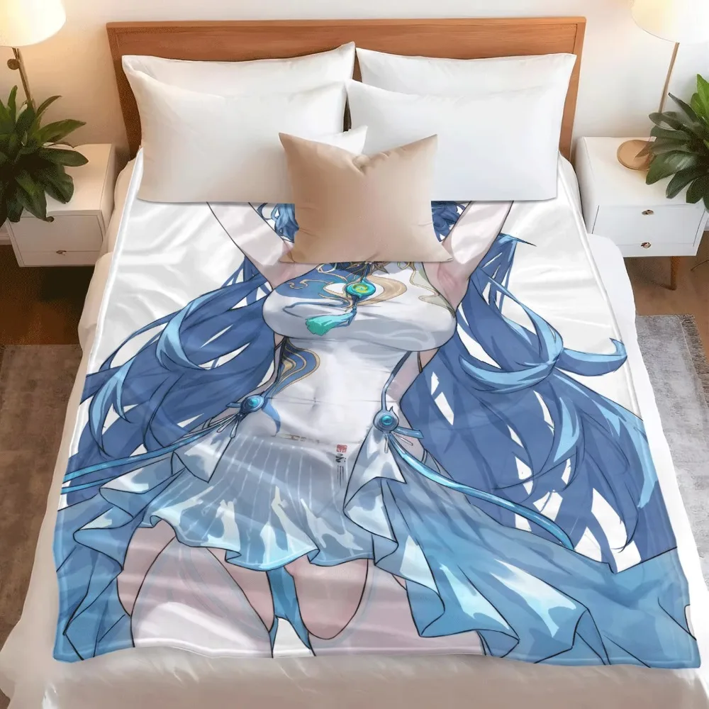 Flannel Throw Blanket Hekate Anime Blue Long Hair Girl With Dragon Horns Print Soft Warm Lightweight Sofa Bed Blanket Home Decor