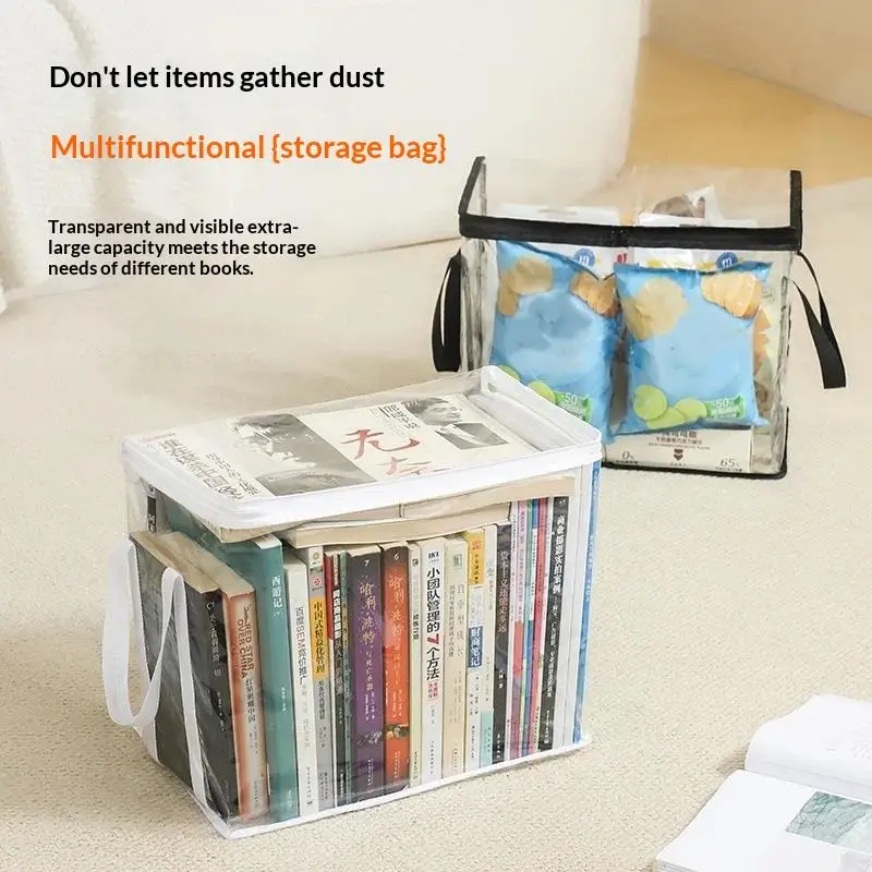 Clear Foldable Book Organizer With Zipper Top Portable Hand Strap Storage Container Dormitory Home Office Study Supplies