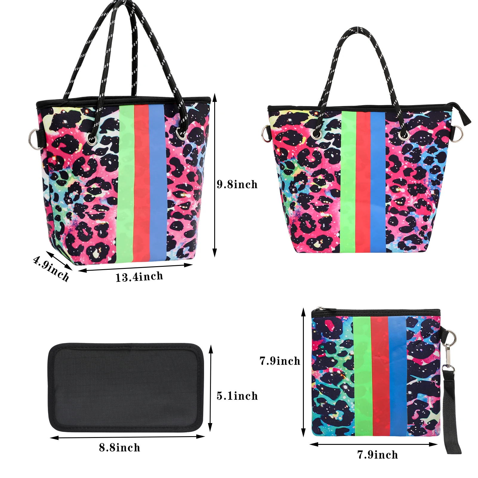 Women Beach Bag Neoprene Tote Bag Set Portable Summer Waterproof Leopard Handbag Bag Fashion Ladies Travel Pouch Makeup Bag