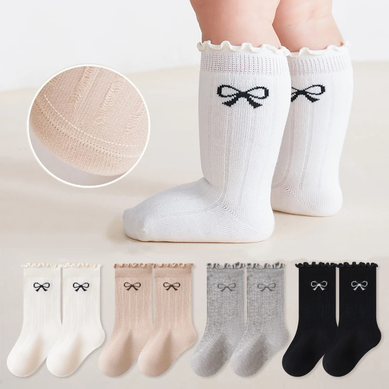4 Pairs of Random Mixed Color Kidsren's Socks with Lace Bow Patterns for Girls and Babies, Versatile Mid-Calf Socks for All Seas