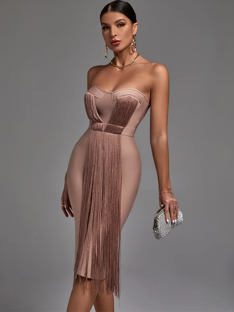 Tassel Bandage Dress 2022 New Women Strapless Bandage Dress Bodycon High Quality Elegant Sexy Evening Club Party Dress Summer