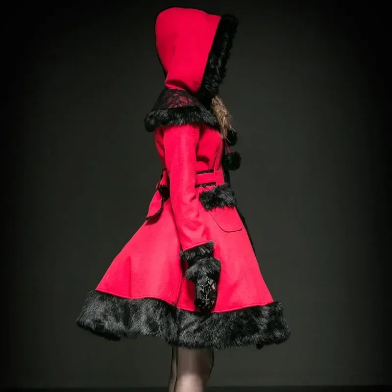 PUNK RAVE Lolita Sweet Women Woolen Red Black Coat Hat Hooded Patchwork  Dress Imitation Rabbit Fur Christmas Overcoat