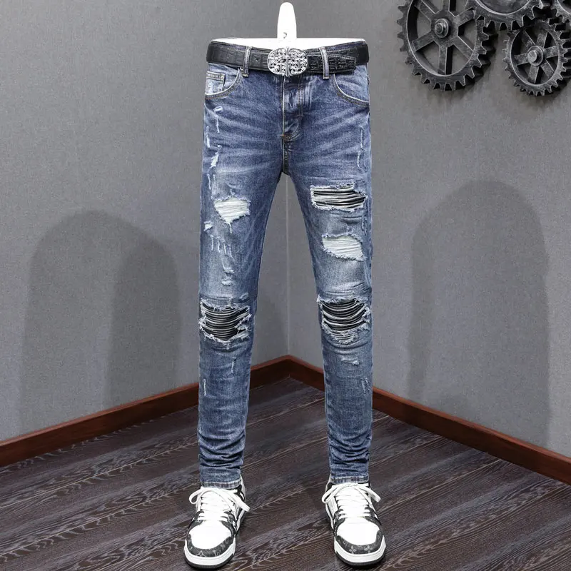 

Street Fashion Men Jeans Retro Dark Blue Stretch Skinny Fit Ripped Jeans Men Leather Patched Designer Hip Hop Brand Pants Hombre